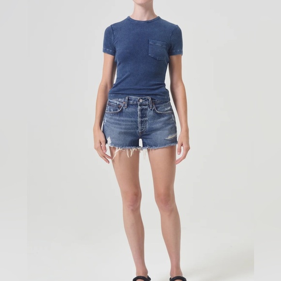 Agolde Parker high waisted denim distressed cutoff jean shorts in dark - Picture 2 of 8